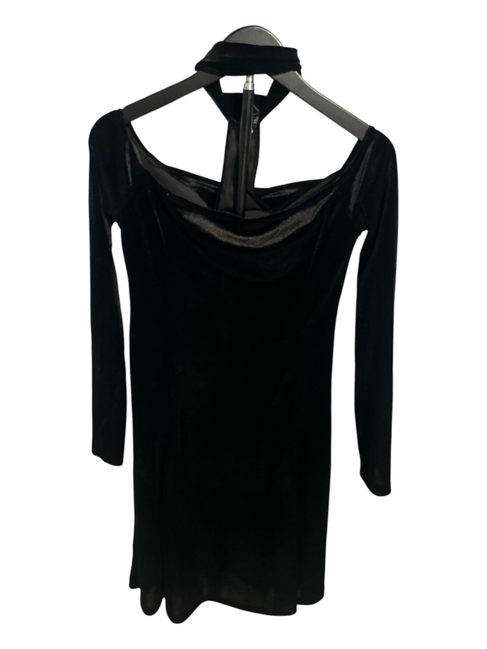 Aqua Black Long-Sleeve Velvet Open-Back Dress